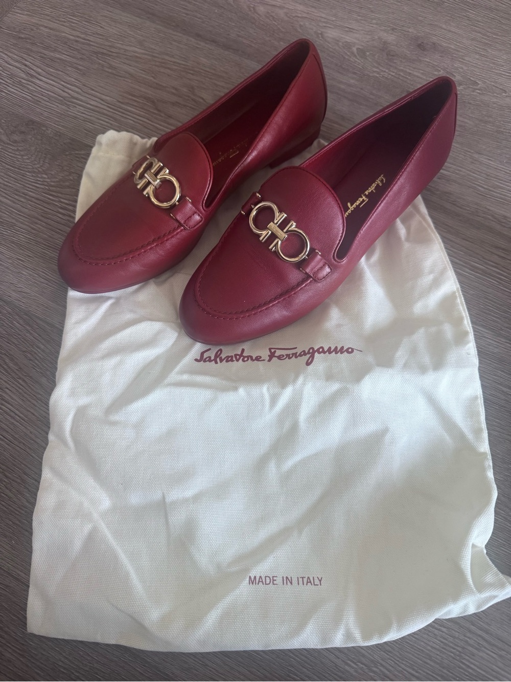 Salvatore Ferragamo Burgundy Leather Loafers with Gold Gancini